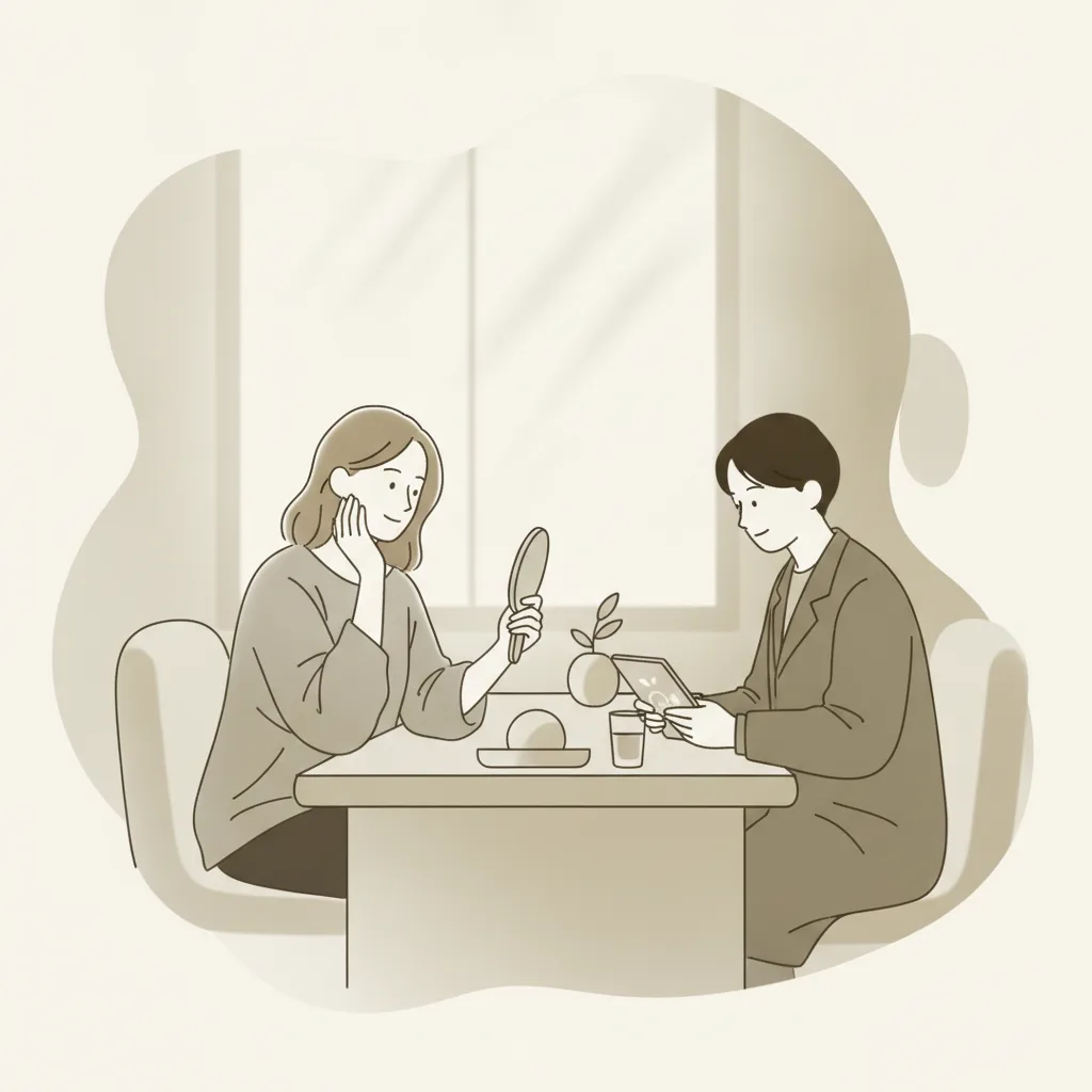 여드름 흉터 치료 여부를 판단하기 위해 피부과에서 파인 흉터 상태를 상담하는 환자의 모습<p style=