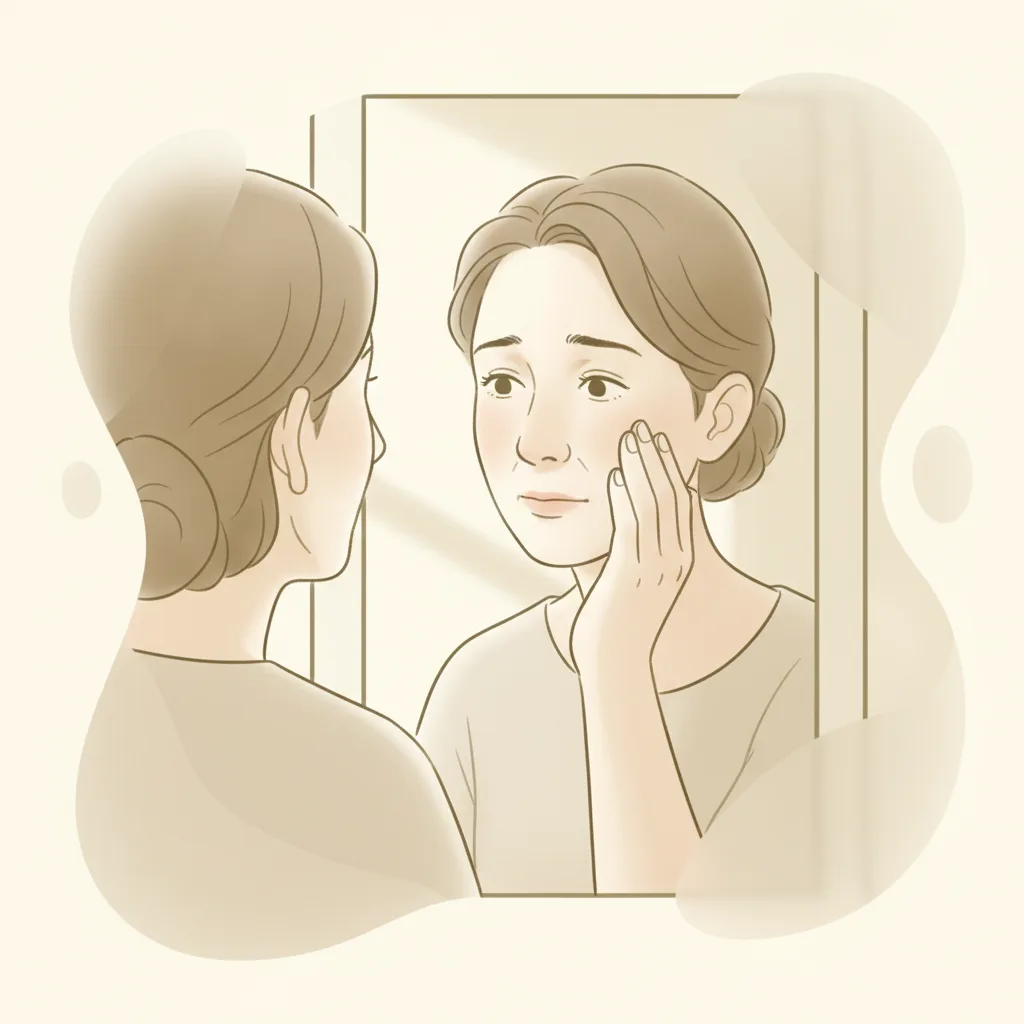 거울에서 코와 볼의 넓은 모공을 확인하는 중년 여성의 모습<p style=